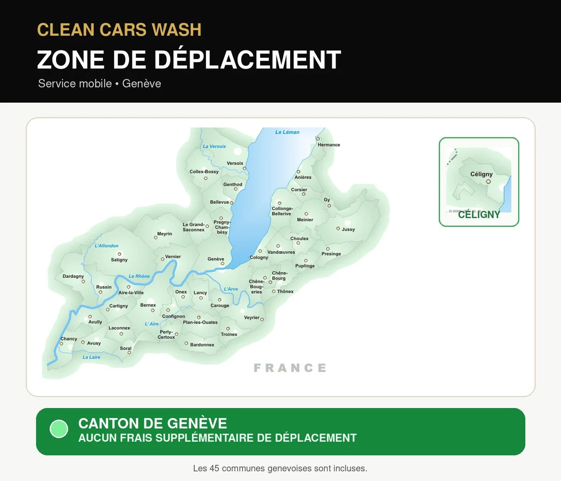 Map of the canton of Geneva: all 45 Geneva communes are covered with no additional travel fee.